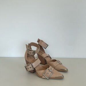 Like new beige belt strapped heel